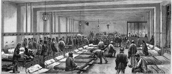 Ansicht des Schutzraums des Hospitalite bei Nacht in der Rue de Tocqueville 59 in Paris