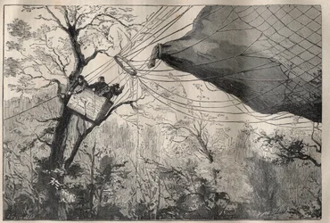 Krieg von 1870: der Abstieg des Ballons „Armand Barbès“ mit Léon Gambetta an Bord am 7. Oktober 1870 - Gravur in „La Science française“
