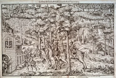 Religionskriege 1562-1598. Ermordung von François I. de Lorraine (1519-1563), dem zweiten Herzog von Guise, am 18/02/1563. Als katholischer Anführer wurde er von dem Calvinisten Jean de Poltrot de Méré oder Mérey getötet. Kupferstich aus dem 16.