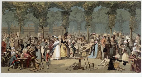 Weltspaziergang durch die Gärten des Königspalastes, spätes 18. Jahrhundert - Chromo nach der Gravur von Debucourt