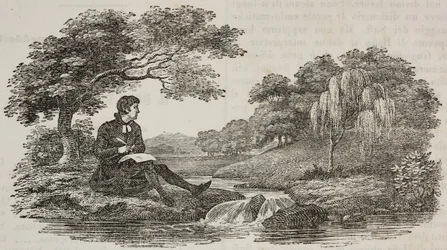 Schriftsteller unter Baum vor Bach, Illustration aus Teatro universale, Raccolta enciclopedica e scenografica, Nr. 575, 19. Juli