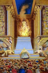 Zarathustra stirbt im Tempel, umgeben von Flammen. Chromolithographie des 19. Jahrhunderts