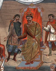 (Detail) Karl II. der Kahle, König von Frankreich, empfängt eine Delegation von Mönchen aus Tours. Faksimile in Chromolithographie des 19. Jahrhunderts nach einer Miniatur des 10. Jahrhunderts