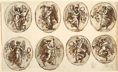 Zeichnung, Deckendesign, Geschichte, Überfluss in sechs Ovalen, Sala di Ercole ed Ebe, Palazzo Gessi, Faenza, 1813