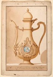Zeichnung, Kaffeekanne mit emailliertem Medaillon, 1700–1725