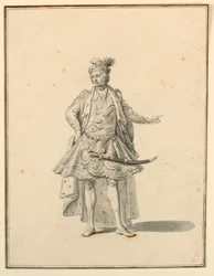 Kostümentwurf: Persischer Prinz, für eine Bühnenproduktion entworfen von Giuseppe Galli Bibiena, 1719