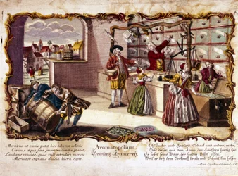 Gravur des 18. Jahrhunderts, die eine Parfümerie darstellt