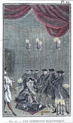Eine Freimaurerzeremonie - nach einem Stich aus der Sammlung "Orden der verratenen Freimaurer" von Pater Pérau
