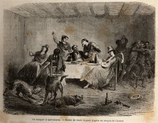 Ein Bankett in Lauramarca (Unterperu), ein Mann, umgeben von indianischen Frauen, wird bedient und verwöhnt, während seine Diener, seine Ablenkung ausnutzend, ohne sein Wissen aneinander geraten. Gravur zur Illustration der Reise in die Täler von Quinquina