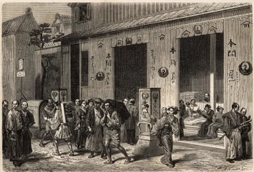 Eine Buchhandlung, mit Bücherstapeln und Lesern, in Yedo (oder Edo, dem heutigen Tokio), geöffnet in einer belebten Straße. Gravur zur Illustration der Reise nach Japan, 1863-1864, von Aime Humbert, Minister der Schweizerischen Eidgenossenschaft, in „Le to