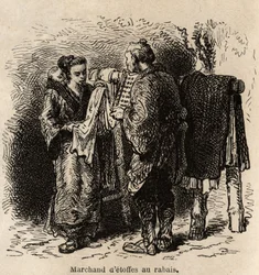 Ein Rabattstoffhändler bietet einer jungen Frau, die ihr Kleinkind auf dem Rücken trägt, seine Ware an. Gravur zur Illustration der Reise nach Japan, von Aime Humbert, Minister der Schweizerischen Eidgenossenschaft, 1863-1864, veröffentlicht in „Le tour du