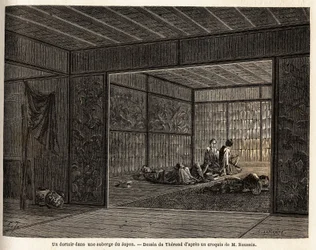 Ein Schlafsaal in einem Gasthaus in Japan. Gravur zur Illustration der Reise nach Japan 1863-1864, von Aime Humbert, Minister der Schweizerischen Eidgenossenschaft, in „Le tour du monde, nouveau journal des voyages“, veröffentlicht unter der Leitung von Ed