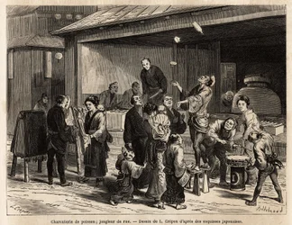 Eine lebhafte Szene einer Straße in Edo (Tokio), mit einem reisenden Jongleur vor einem Fischladen und einem billigen Stoffverkäufer. Gravur zur Illustration der Reise nach Japan, von Aime Humbert, Minister der Schweizerischen Eidgenossenschaft, 1863-1864,