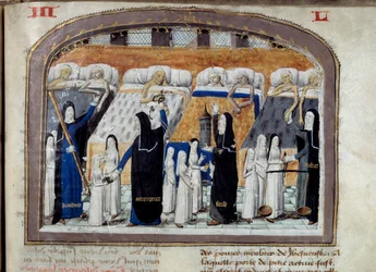 Ein Raum des Hôtel-Dieu in Paris, gefüllt mit Kranken, die von Nonnen betreut werden. Jede Nonne symbolisiert eine Tugend, die für die Betreuung der Kranken notwendig ist: Klugheit, Stärke, Gerechtigkeit. Miniatur aus einem Manuskript von 1482. Paris. Muse