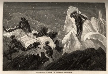 Ein Schlitten und seine Besatzung, verloren in den Hummocks, zerrissene Eisblöcke, die die Oberfläche des Packeises beleben. Illustration der Reise zum freien Meer des Arktischen Pols, von Dr. Hayes, Chirurg der US-Marine, 1860-1862, veröffentlicht in "Le 