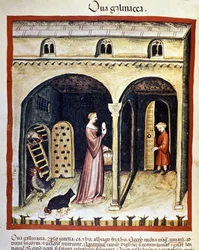 Eine junge Frau sammelt Hühnereier. Illumination aus dem „Tacuinum sanitatis“