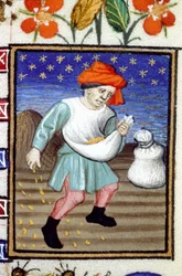 Allegorische Darstellung des Oktober. Ein Bauer sät Getreide. Miniatur eines Manuskripts aus dem 14. Jahrhundert.