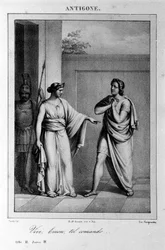 Antigone Akt I, Szene 3. Italienische Tragödie von Vittorio Alfieri, geschrieben 1783 nach der griechischen Mythologie. Gravur des 18. Jahrhunderts.