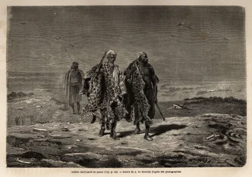 Arabische Beduinen, Pantherfelle und Schafwollhändler, auf dem Weg zum Markt von Bagdad (Irak). Gravur zur Illustration der Reise nach Babylon, 1866, von Guillaume Lejean, in „Le tour du monde, nouveau journal des voyages“ veröffentlicht unter der Leitung 
