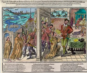 Ermordung des französischen Königs Heinrich III. (1551-1589) durch Jacques Clément (1567-1589), einen Dominikaner und religiösen Anhänger der Katholischen Liga, am 1. August