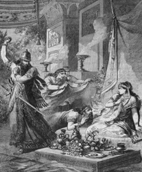 Xerxes I. entdeckt Haman zu Füßen von Esther