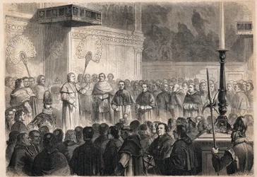 Audienz von Papst Pius IX. (Pio) (1792-1878) für ausländische Geistliche in der Sixtinischen Kapelle (Cappella Sistina) in Rom anlässlich der Feierlichkeiten zur Heiligsprechung der 26 „Märtyrer von Japan“, einer Gruppe von Katholiken, die 1597 in Japan ge