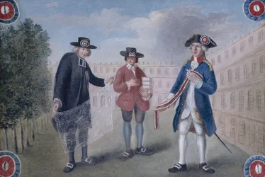 Aux trois ordres. Schild für einen Kokardenhändler im Palais-Royal. Palais-Royal