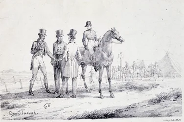 Wette am Rand des Rennfeldes mit einem Jockey zu Pferd (Lithographie, Anfang 19. Jahrhundert)