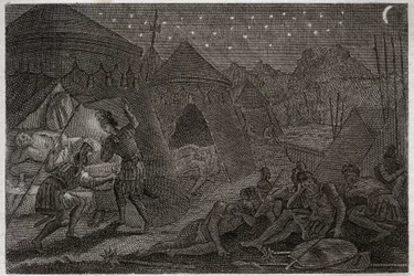 Bibel von Royaumont, Altes Testament: David rettet Saul. David hat Saul in seiner Hand, aber er verletzt ihn nicht. Er nimmt nur den Speer und seinen Becher. Illustration von 1811.