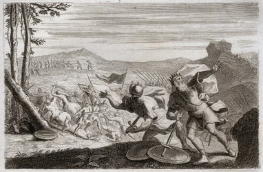 Bibel von Royaumont, Altes Testament: Sauls Niederlage. Sauls Heer wurde von den Philistern besiegt. Seine drei Kinder wurden dort getötet, und nachdem er in der Schlacht schwer verwundet worden war, tötete er sich selbst. Illustration von 1811.