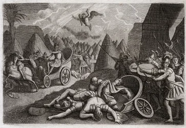 Bibel von Royaumont, Altes Testament: Niederlage von Sanherib. Gott besiegt die Armee von Sanherib zugunsten von König Hiskia durch einen Engel, der in einer Nacht hundertfünfundachtzigtausend Männer tötet. Illustration von 1811.