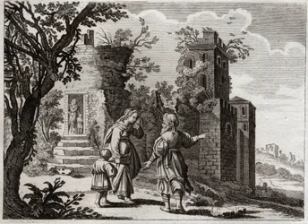 Bibel von Royaumont, Altes Testament: Ismael jagt. Als Sarah sah, dass Ismael, der Sohn von Agar (Hagar), den kleinen Isaak schlecht behandelte, bat sie Abraham, sie mit ihrem Sohn zurückzuschicken, damit Isaak der einzige Erbe gemäß den Verheißungen Gotte
