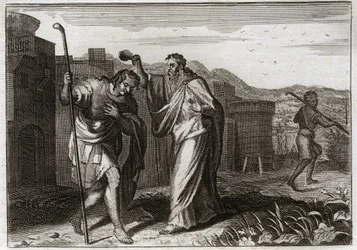 Royaumont-Bibel, Altes Testament: Salbung Sauls. Samuel, auf Gottes Befehl, salbte Saul zum König der Juden. Illustration von 1811.