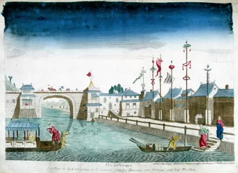 Brücke von Cochinchine und Boote, die die Pavillons verlassen. Gravur aus dem Ende des 18. Jahrhunderts