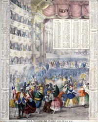 Kalender von 1859, der einen Karnevalsabend im Teatro alla Scala im Jahr 1859 darstellt.