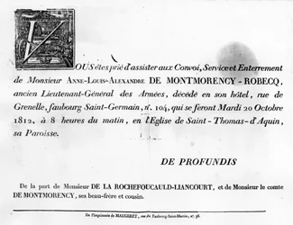 Aufruf zur Beerdigung von Alexandre de la Rochefoucauld - Familienarchiv