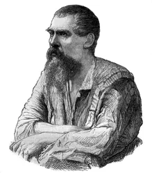 Captain Richard Burton, britischer Entdecker, Schriftsteller, Soldat und Diplomat - Porträt des britischen Entdeckers, Schriftstellers und Linguisten Sir Richard Francis Burton (1821-1890) - Gravur in „Picturesque History of Great Voyages in the Nineteenth