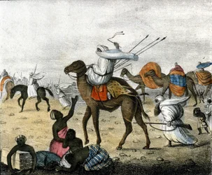 Karawane in der Wüste in Marokko während eines Sandsturms.