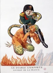 Karikatur über Napoleon Bonaparte, der vom Teufel getragen wird: Möge der Teufel den Wunsch Frankreichs erfüllen - in „Napoleon I., Karikaturen, Dummysammlung“. 1814 - 1815. B.H.V.P.