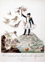 Karikatur über Napoleon I., dargestellt auf einem Hügel, der mit Skeletten bedeckt ist und eine Kerze hält, die die Flügel von Figuren (Merlin de Douai, Regnault...) in Fledermausgestalt verbrennt - in „Napoleon I., Karikaturen, Dummysammlung“. 1814 - 1815