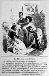 Charlatanismus: Satire über die Konsultation von Hypnose-Magnetisierern zur Behandlung von Krankheiten. Aus einer Lithografie von Jacque. 19. Jahrhundert