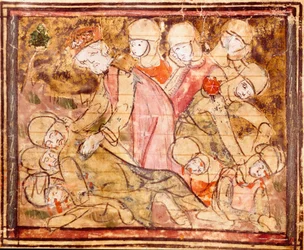 Karl der Große (742-814) findet den Leichnam seines Neffen Roland, der in der Schlacht von Roncesvalles starb. Miniatur aus „Große Chroniken von Frankreich“ 1375-1379 Stadtbibliothek, Castres