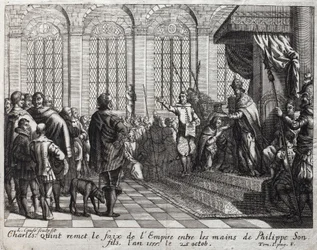 Karl V. (1500-1558) übergibt das Reich an Philipp II. (Felipe) (1527-1598), seinen Sohn, am 25. Oktober