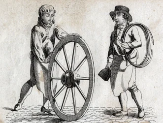 Wagner mit Wagenrad und Lehrling. Gravur späte 18. Jahrhundert.