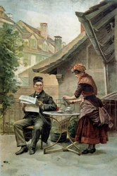 Kaffeezeit: Ein alter Mann sitzt an einem Tisch und liest die „Kleine Zeitung“, bedient von einem Diener. Aquarell des 19. Jahrhunderts. Paris, Dekorative Künste