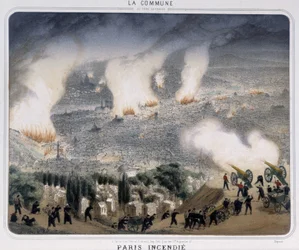 Kommune von Paris: Pariser Feuer. Kommunarden feuern Kanonen auf Paris. 1871.