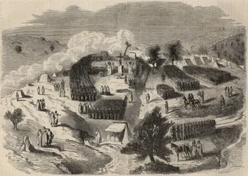Eroberung Algeriens: Expedition nach Groß-Kabylien im Jahr 1857, Grundsteinlegung des Fort Napoleon in Souk-el-Arba. Gravur in „Le Monde illustrious“ von 1857. Private Sammlung.