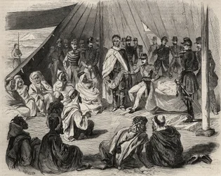 Eroberung Algeriens: Expedition nach Groß-Kabylien im Jahr 1857. Unterwerfung des Kabyle-Stammes der Beni-Raten durch die französische Armee. Gravur in „Le Monde illustrious“ von 1857. Private Sammlung.