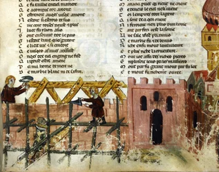 Bauszene. Miniatur aus dem „Roman de Troie“ von Benoît de Sainte-Maure. 14. Jahrhundert, Biblioteca Marciana, Venedig.