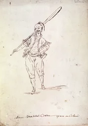 Kostüm für die Figur des Roland in der gleichnamigen Oper von Komponist Niccolo Vito Piccinni nach einem Libretto von Jean Francois Marmontel (1778). Zeichnung aus dem späten 18. Jahrhundert